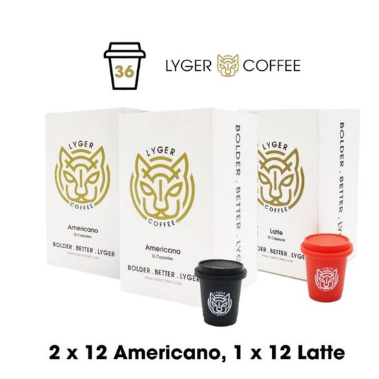 LYGER Crystallized Barista Quality Coffee 3-Pack Bundle - 2x12 Americano, 1x12 Latte